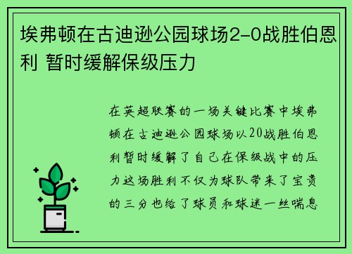 埃弗顿在古迪逊公园球场2-0战胜伯恩利 暂时缓解保级压力