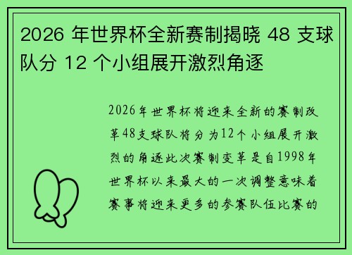 2026 年世界杯全新赛制揭晓 48 支球队分 12 个小组展开激烈角逐 2026 年世界杯全新赛制揭晓 48 支球队分 12 个小组展开激烈角逐